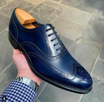 Handmade Men Blue Wing Tip Brogue Lace Up Dress Business Real Leather Shoes