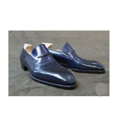 Handmade Men's Blue Slip Ons Dress Business Shoes, Real Leather Office Shoes