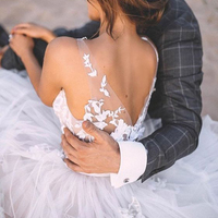 Boho A Line V Neck Tulle Lace Wedding Dresses, Beach Wedding Dresses - Thumbnail 1