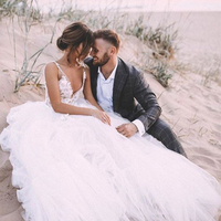 Boho A Line V Neck Tulle Lace Wedding Dresses, Beach Wedding Dresses - Thumbnail 2