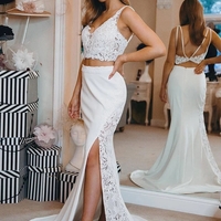 Mermaid Two Pieces V neck Long Prom Dresses Slit Sexy Evening Dresses  - Thumbnail 1