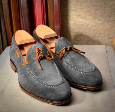 Handmade Men's Gray Suede Tassels Fastening Moccasin Formal Shoes