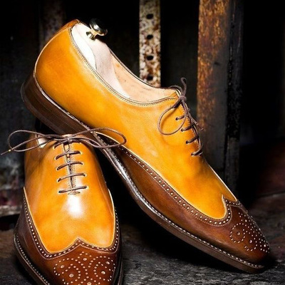 Beautiful dark brown with tan leather oxfords wingtip brogue lace up british looks shoes - Thumbnail 5