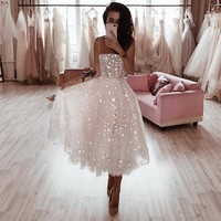 A Line Spaghetti Straps Tea Length Pearl Pink Prom Homecoming Dress With Beading - Thumbnail 1
