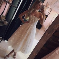 A Line Spaghetti Straps Tea Length Pearl Pink Prom Homecoming Dress With Beading - Thumbnail 3