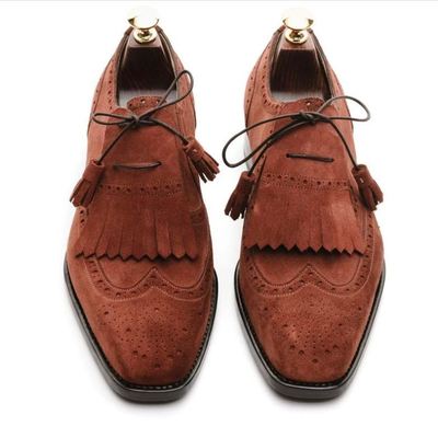 Bespoke brown suede buckle leather fringe loafers for men's - Thumbnail 1