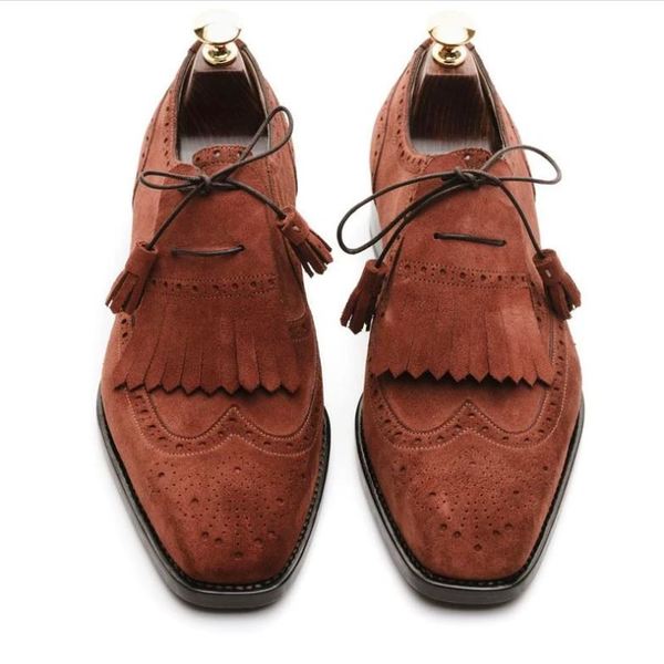 Bespoke Brown Suede Buckle Leather Fringe Loafers for Men's
