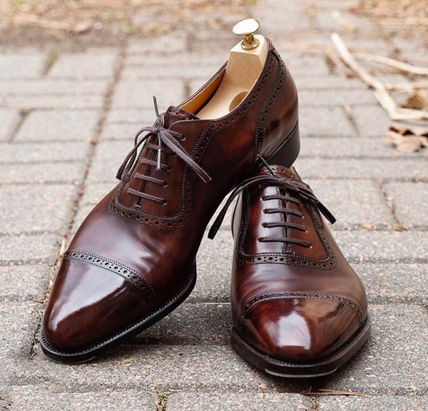 Handmade Men's Brown Cap Toe Leather Lace Up Shoes, Men Designer Dress Shoes