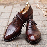 Handmade Men's Brown Cap Toe Leather Lace Up Shoes, Men Designer Dress Shoes - Thumbnail 1
