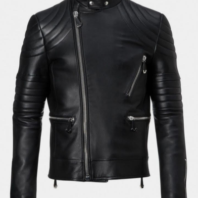 Men stylish black leather biker double strap formal wear jacket