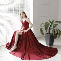 Burgundy satin long prom dress - Thumbnail 3