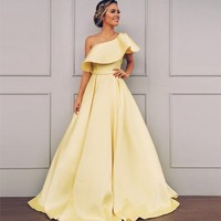 A Line One Shoulder Sweep Train Yellow Prom Dress With Ruched - Thumbnail 1