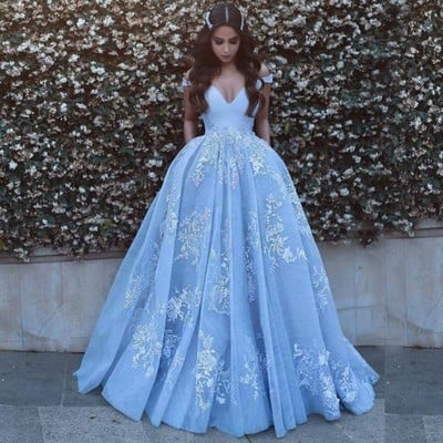 Ball gown off-the-shoulder sweep train blue prom dress with pockets appliques - Thumbnail 4