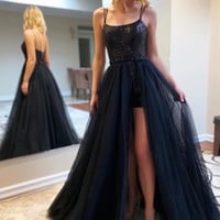 Black A Line Side Slit Prom Dress with Sequins, Spaghetti Straps Evening Dress - Thumbnail 1