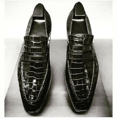 Handmade Mens Black Crocodile embossed Leather shoes, Moccasins for men