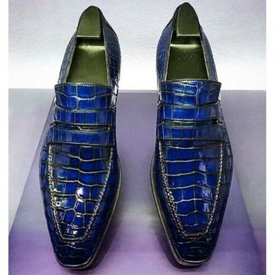 Handmade mens blue crocodile embossed leather shoes, moccasins for men