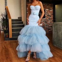 Mermaid Sweetheart High Low Light Blue Tiered Tulle Prom Dress - Thumbnail 1