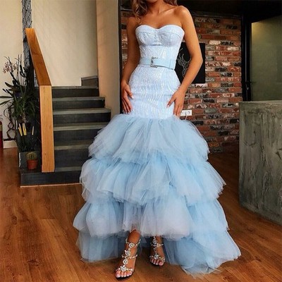 Mermaid sweetheart high low light blue tiered tulle prom dress - Thumbnail 5