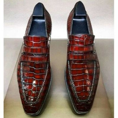 Handmade mens burgundy crocodile embossed leather shoes, moccasins for men