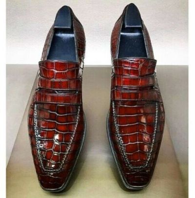 Handmade Mens burgundy Crocodile embossed Leather shoes, Moccasins for men