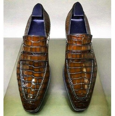 Handmade Men's Brown Crocodile embossed Leather shoes, Moccasins for men