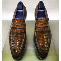 Handmade Men's Brown Crocodile embossed Leather shoes, Moccasins for men - Thumbnail 4