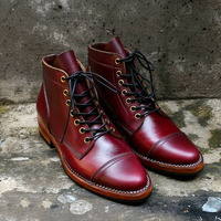 Bespoke Burgundy Cap Toe Leather Ankle Boots for Men's - Thumbnail 1