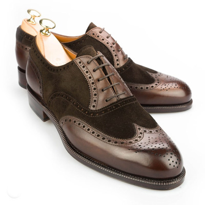 Bespoke brown wing tip leather suede shoes for men's - Thumbnail 1