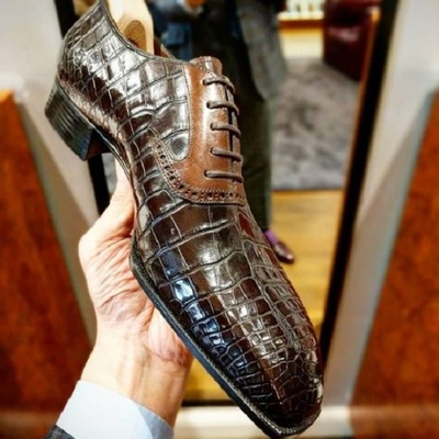 Handmade men crocodile dress shoes, men brown patina textured leather shoes - Thumbnail 3