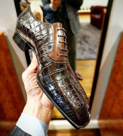 Handmade men crocodile dress shoes, men brown patina textured leather shoes