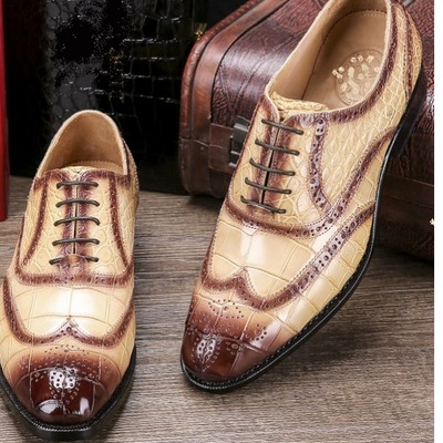 Men's handmade crocodile leather wingtip shoes beige patina formal shoes for men - Thumbnail 2
