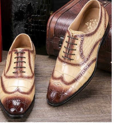 Men's Handmade Crocodile Leather Wingtip shoes Beige Patina formal shoes for men