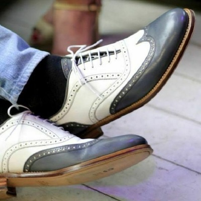 Men's handmade genuine leather two tone lace up dress shoes, men wingtip shoes - Thumbnail 2