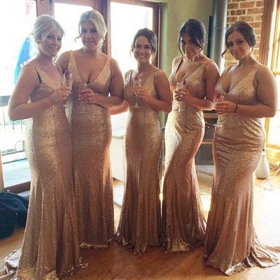V neck sequins long bridesmaid dresses for wedding party - Thumbnail 5