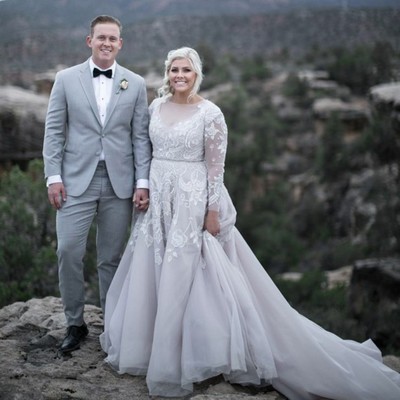 A-Line Crew Long Sleeves Sweep Train Plus Size Wedding Dress with Appliques