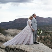 A-Line Crew Long Sleeves Sweep Train Plus Size Wedding Dress with Appliques - Thumbnail 2