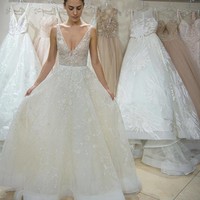 A-Line V-neck Sweep Train White Wedding Dress with Lace Beading - Thumbnail 1