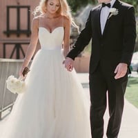 A-Line Spaghetti Straps Court Train Ivory Tulle Wedding Dress with Ruched - Thumbnail 1