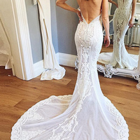 Mermaid Deep V-Neck Court Train Ivory Lace Wedding Dress with Appliques - Thumbnail 1