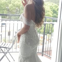 Mermaid Off-the-Shoulder Chapel Train White Satin Wedding Dress with Appliques - Thumbnail 1