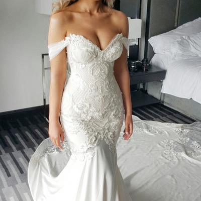 Mermaid off-the-shoulder chapel train white satin wedding dress with appliques - Thumbnail 5