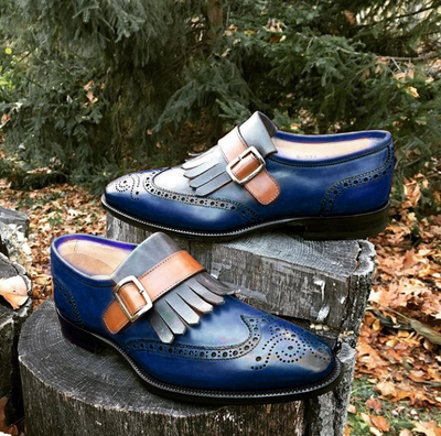 New Blue Leather Fringe Men's Loafers Monk Strap Shoes