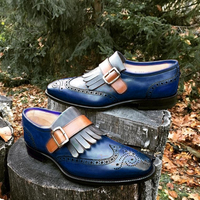 New Blue Leather Fringe Men's Loafers Monk Strap Shoes - Thumbnail 4