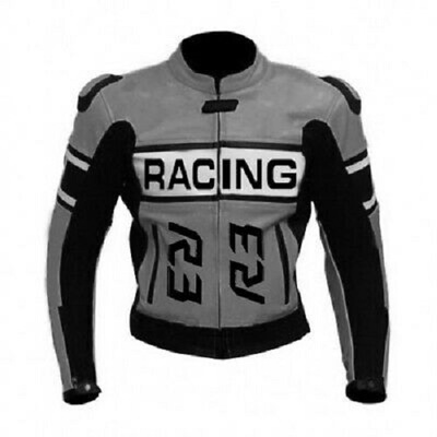 Men's handmade grey racing r3 motorcycle biker real cowhide leather jacket