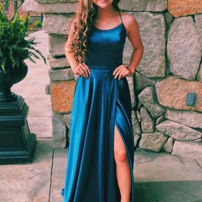 Cute a line scoop neck split satin long prom dresses, cross back evening dresses - Thumbnail 3