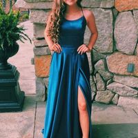 Cute A Line Scoop Neck Split Satin Long Prom Dresses, Cross Back Evening Dresses - Thumbnail 1