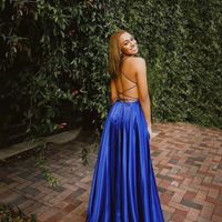 Cute A Line Scoop Neck Split Satin Long Prom Dresses, Cross Back Evening Dresses - Thumbnail 2