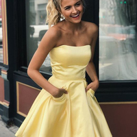 Cute A Line Strapless Daffodil Satin Homecoming Dresses with Pockets - Thumbnail 1