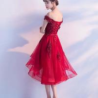 Cute burgundy lace tulle short prom dress, burgundy party dress,hi-lo bridesmaid dresses,red short prom dress with lace-up back,535 - Thumbnail 2