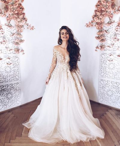 Light champagne lace tulle long prom dress, long sleeve evening dress,lace appliques prom dresses,beads prom dresses,536,